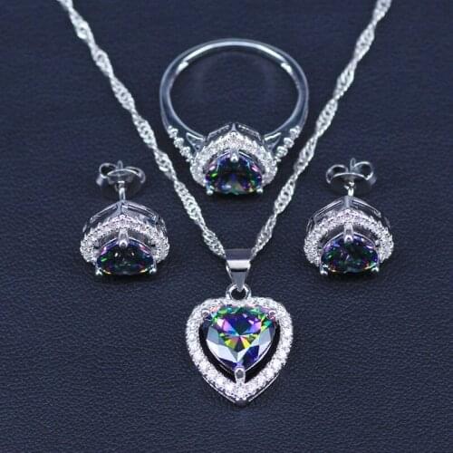 Heart Silver Color Jewelry Set Rainbow Zircon White CZ Jewelry Sets For Women Wedding Necklace/Earrings/Pendant/Ring