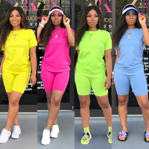 Summer 2021 Shorts Set Women Casual Fashion Solid Sport T Shirt Tops+Shorts Two Piece Set Women Clothes Joggers Wholesale Items