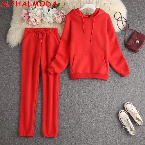 ALPHALMODA New Color Trendy Hooded Fleeced Thickened Pocket Hooded Sweatshirt Jogger Pants Warm Winter 2pcs Suit