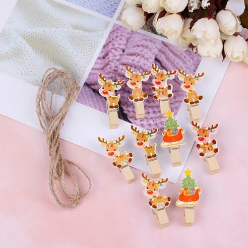 10Pcs Christmas Tree Elk Wooden Clip Photo Paper Postcard Craft DIY Clips