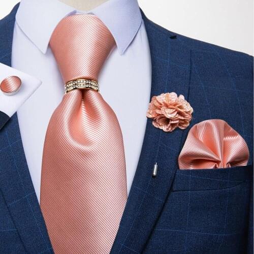 100% Silk Men Tie 8cm Pink Necktie Pocket Square Brooch Ring Cufflinks Formal Wedding Party Tie Accessories Gift For Men DiBanGu