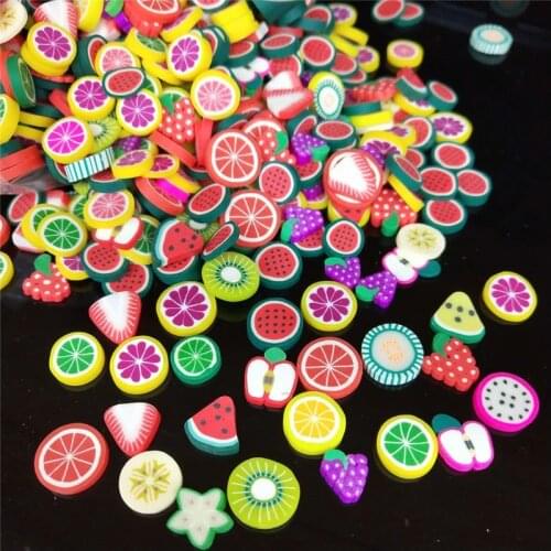 100pcs/lot 1cm Fruits Polymer Hot Soft Clay Sprinkles Plastic Klei Mud Particles Watermelon Strawberry Pitaya Lemon Grape Apple