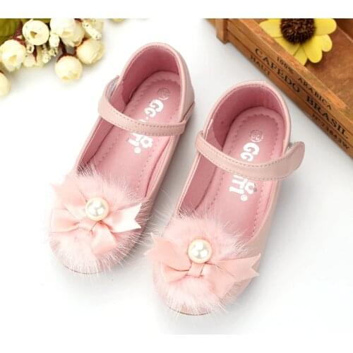 2017 Spring Autumn Kids Shoes for Baby Toddler Girl Single Leather Shoes with Fur Peal Bow-knot Princess Sweet Girls flat shoes