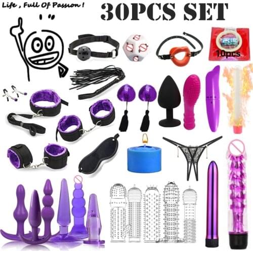 30pcs Sex Toys For Couples woemn Handcuffs Nipple Clamps Whip Spanking Sex Product Anal Plug Butt Vibrator Bondage