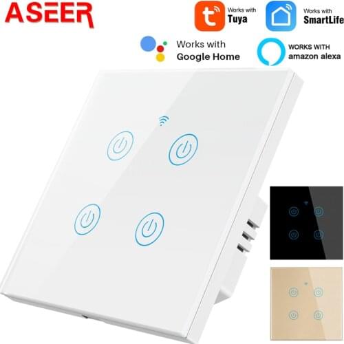 ASEER Smart Life Touch WiFi Wall Switch,EU Standard 4 Gang Bluetooth Switch,White Glass Panel,Voice by Google Home Alexa