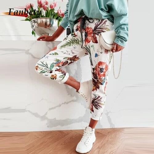 Fashion Lace-Up Elastic Waist Sport Trousers Spring Summer New Flower Print Long Pants Casual Women Pocket Sweatpants Streetwear