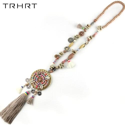 TRHRT 2019 Bohemian Rainbow & Coffee Color Long necklace Round pendants Handmade tassel beads shell pendant charm accessories