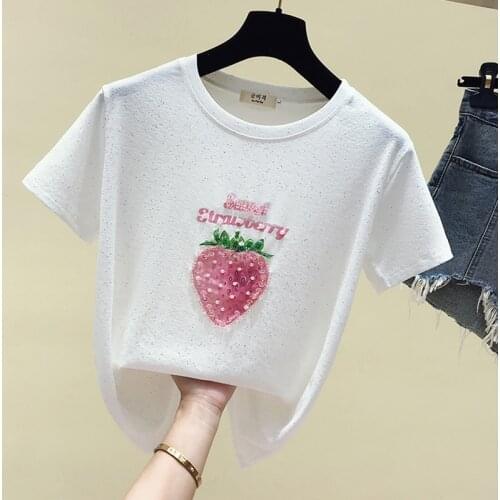 020 Pearls Beading Cotton T-shirts Women Strawberry Print Casual Knitted Tees Female O-Neck Funny Letter Tops Ladies Harajuku