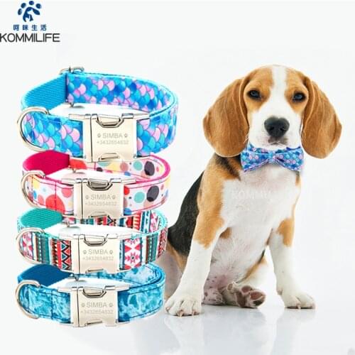 KOMMILIEF Polyester Dog Collar Personalized Laser Engraving Dog ID Name Pet Collar For Dogs Mermaid Print Dog Necklace Collars