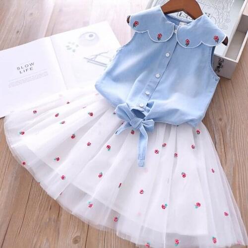 Summer new girls' jeans embroidered Lapel top Princess mesh skirt two sets of lovely girls' flowers embroidered two sets