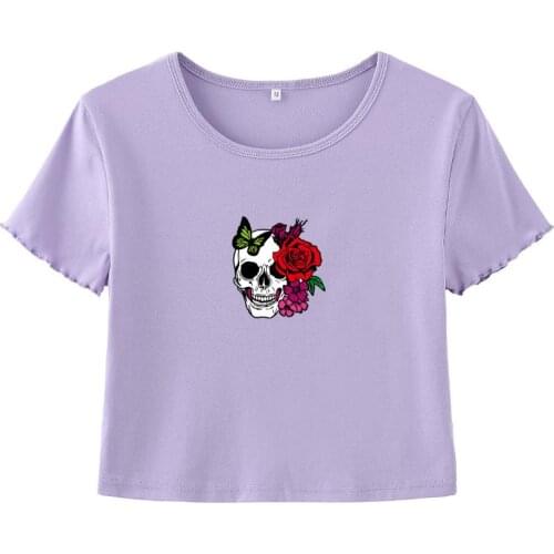 Skull with Rose Crop tshirt Halloween Skull Gothic style Rib Slim crop top Ruffled sleeves women aesthetic art vintage tee