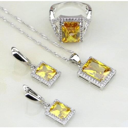 Square 925 Sterling Silver Jewelry Yellow Cubic Zirconia White CZ Jewelry Sets For Women Wedding Earring/Pendant/Necklace/Ring