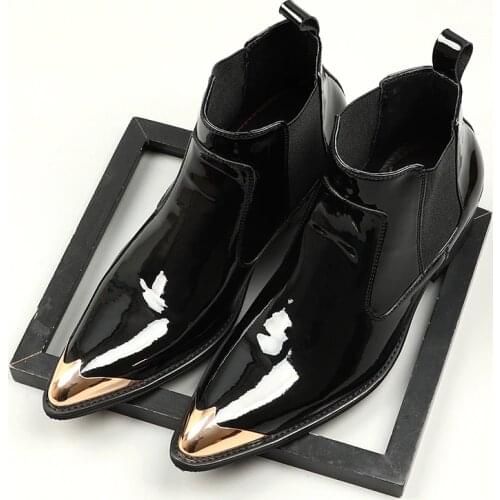 Fashion Black Pointed Toe Motorcycle Boots Patent Leather Boots Mens Outdoor Shoes With Steel Toe