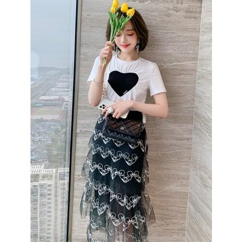 Top Quality Love patch fold straight round collar simple new summer T-shirt