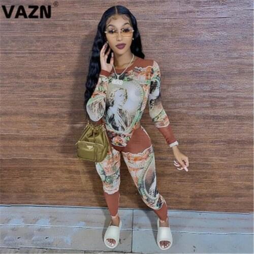 VAZN 2020 Autumn New Arrival Sexy Club Hollow Out Style Turtleneck Full Sleeve Bodysuits Top Long Pants Slim Women 2 Pieces Set