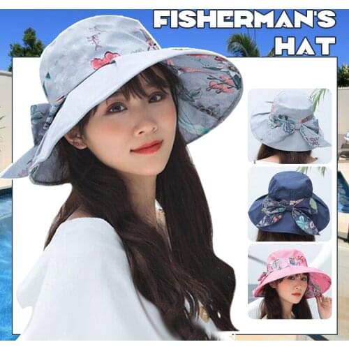 Women Bowknot Floral Bucket Hat Bush Cap Large Wide Brim Foldable Fishing Hat Women Summer Beach Sunscreen Panama Hat