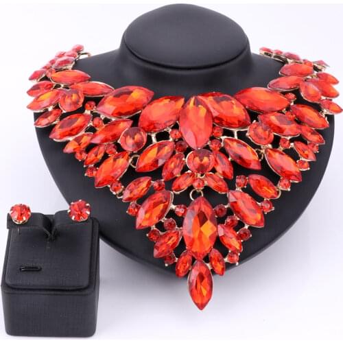 Luxury Gold Color Red Crystal Bridal Statement Jewelry Set For Brides Necklace Earring Wedding Party Accessories Jewelry Sets