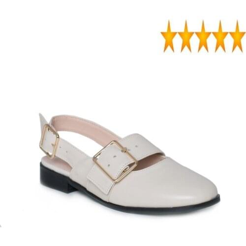Toe Round Summer Sandal Shallow Office Ladies Genuine Leather Shoes Autumn Retro Buckle Strap Slides Fashion Half Drag Sandals