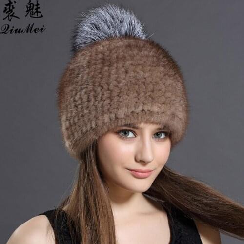 Women Hat For Winter Beanies Real Mink fur Cap Ladies Silver Fox ball Hats For Woman Pompom Cap Female Fashion Russian Fur Hats
