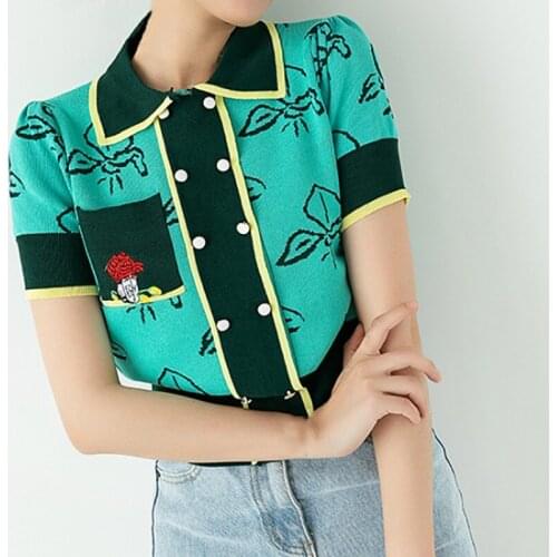 Summer Sweet Hit Color Cardigan Short-Sleeved Ice Silk Knit Sweater T-shirt Top Runway Women Thin Lapel Double Breasted Knitwear