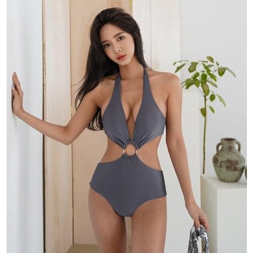 2021 Sexy Women New Style One Piece Swimsuit Gray Halter Hollow Waist Deep V-Neck Monokini Summer Beach Swimwear