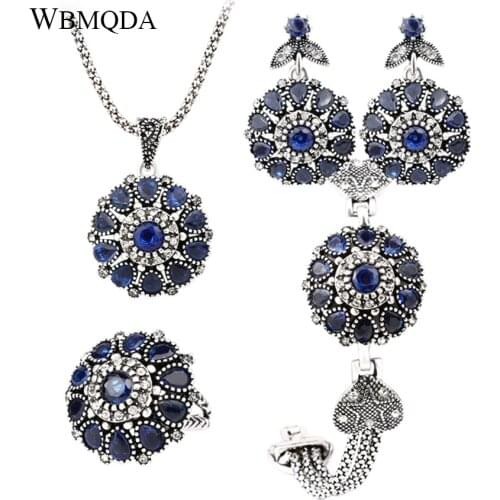 4 Pcs/lot Hot Luxury Vintage Heart Love Jewelry Sets Silver Color Round Flower Crystal Wedding Ring Earrings Bracelet Necklace