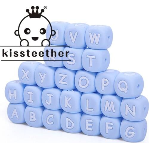 Kissteether 10pcs Blue Letter Silicone Beads Baby Silicone Teether Food Grade Silicone Letter Beads Baby Toys Beading DIY