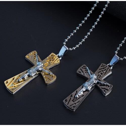 2019 Cross Pendant Necklace Women Men Crucifix Jesus Pendant Gold Black Color Pearl Chain Long Necklace Men Couple Jewelry Gifts