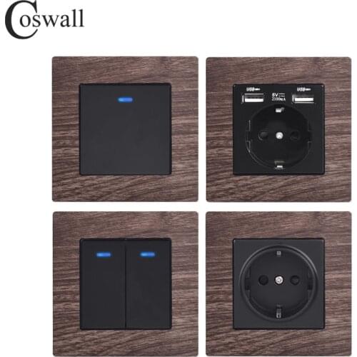 COSWALL 1/2/3/4 Gang 1/2 Way On / Off Rocker Key Wall Light Switch With Blue Backlight EU Socket Wood Grain Aluminum Metal Panel