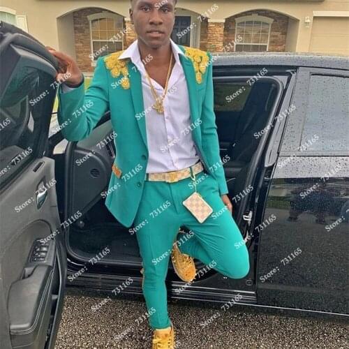 Spring And Autumn Gold Appliques Formal Men Suits Groomsman Wear Smoking Business Blazers 2 Pieces Jacket+Pants Evening Gowns