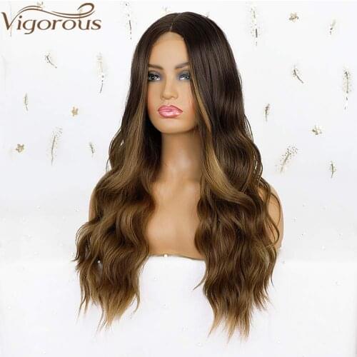 Vigorous Long Wavy Synthetic Wig Brown Mix Blonde Wigs For Women Natural Middle Part Heat Resistant Fiber