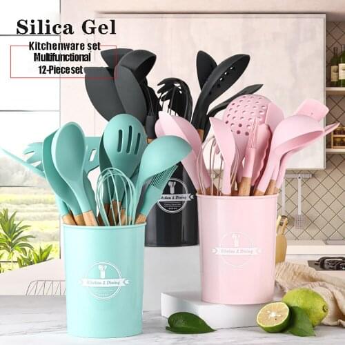 Hot Sales 12Pcs Silicone Non Stick Spatula Set Kitchen Accessories Tools Cooking Kitchen Gadgets Wooden Handle With Storage Box