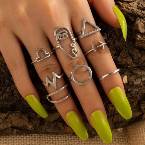 Tocona 8pcs/sets Punk Silver Color Face Joint Rings for Women Charms Hollow Geometric Ring Sets Jewelry Accessories 16411