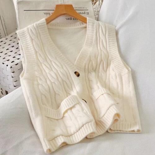 Jacket Vest Autumn Winter V-neck Knitted Sweater Womens Double Pocket Cardigan Short Sleeveless Chaleco Mujer