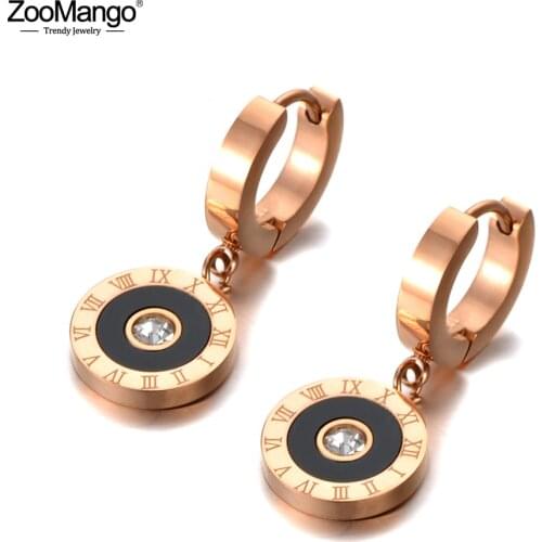 ZooMango Vintage Stainless Steel Black Acrylic Circle Roman Numeral Wedding Earrings For Women CZ Crystl Hoop Earrings ZE20092