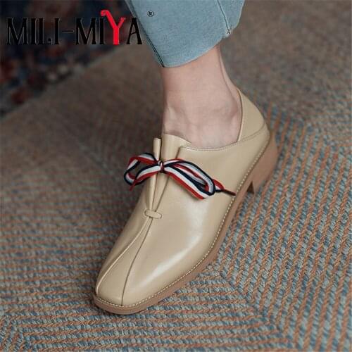 MILI-MIYA Casual Lace Up Women Cow Leather Pumps Low Thick Heels SquareToe Solid Color Spring Autumn Plus Size 34-48 For Lady