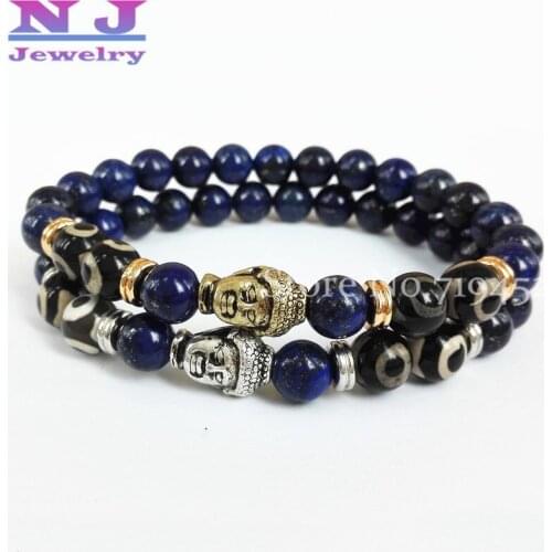 Wholesale 10pcs Mens Buddha Bracelet,Natural Lapis Lazuli Stone Beads Antique Silver and Gold Buddha Head Yoga Mala Bracelets