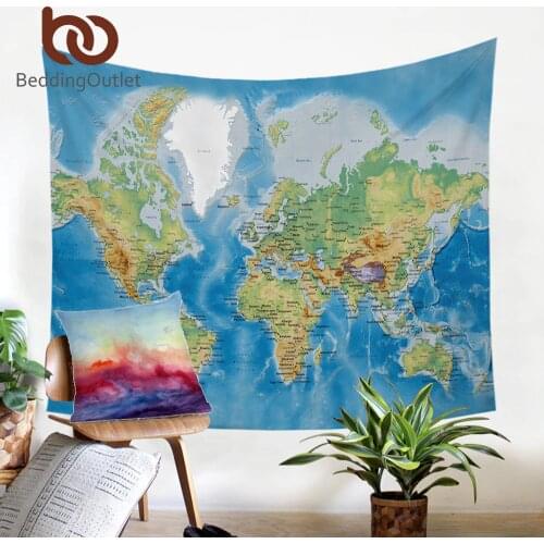 BeddingOutlet Tapestry Blue Printed Wall Hanging Twin Size Carpet Home Decor Wall Tapestry World Map Polyester Sheet Hot 200cm
