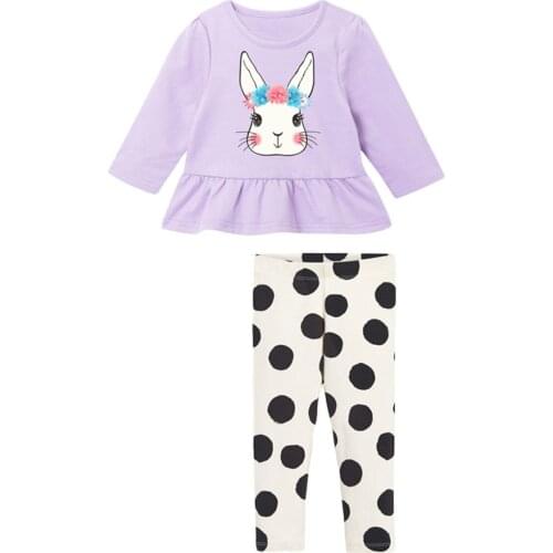 Girls O-neck Long Sleeve Casual Fashion Cartoon Rabbit Purple T-shirts+Dots Legging Pants 2PCS Clothing Sets Cotton Set