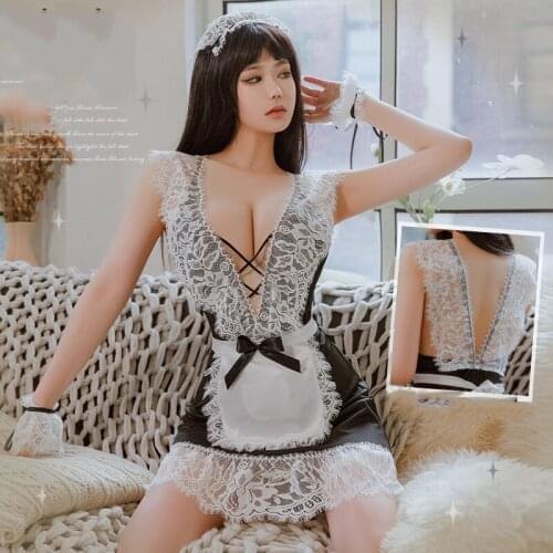 Sexy Lace Deep V Bandage Beauty Back Strap Kawaii Maid Cosplay Alternative Costume Lolita Uniform Womens Erotic Lingerie