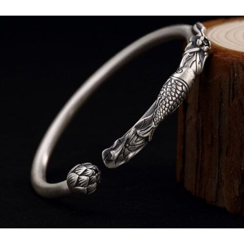 Silver S999, pure silver, pure silver, carp, lotus, retro personality, folk wind, ladys bracelet, wholesale agent