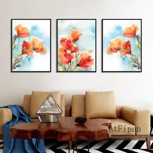 Blue And White Blooming Watercolor Flowers Poster Beautiful Orange Bouquet Art Warm Family Decorate For Living Room Bedroom