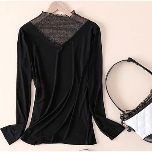 Women Blouse Autumn Winter Lace Womens Long Sleeve Gauzy Stitching Tops V-neck T-shirt Black Blusas Ropa De Mujer