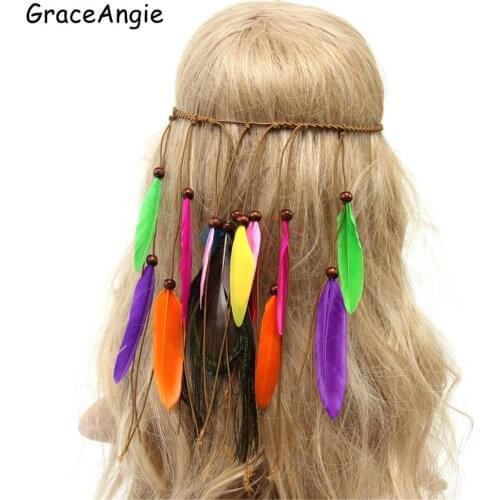 GraceAngie Women Bohemian Vintage Peacock Feather Headband Colorful Headdress Bride Fashion Indian Korean velvet Hair Accessorie