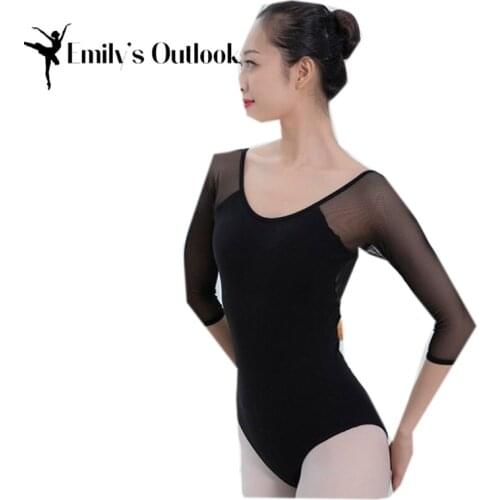 Women Ballet Dance Leotard 3/4 Sleeve With Removable Pad Sexy Mesh V-Neck Bodysuit Black Plus Size