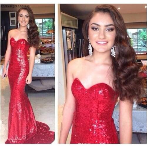 2019 Sequined Mermaid Prom Dress New Red Long Formal Holidays Wear Graduation Evening Party Gown Custom Made Plus Size