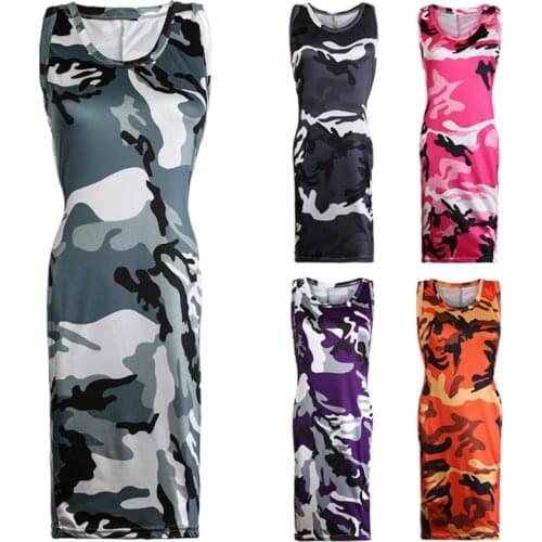 2021 New Summer Fashion Women Sexy Tank Dress Slim Casual Camouflage Military O-Neck Print Splice Empire Dresses