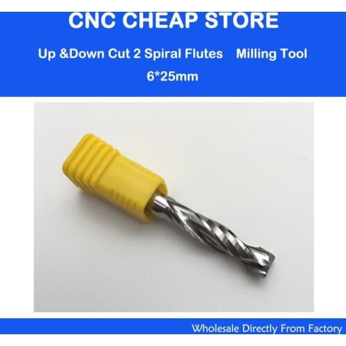 1pc AAA 6X25mm UP &DOWN Cut Two Flutes Spiral Carbide Mill Tool Cutters for CNC Router, Compression Wood End Mill Cutter Bits