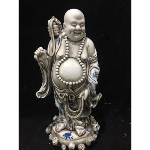 19"Tibet Buddhism Chinese Dehua Old Blue and white porcelain Memorial book Lohan Maitreya Buddha Statue Enshrine the Buddha