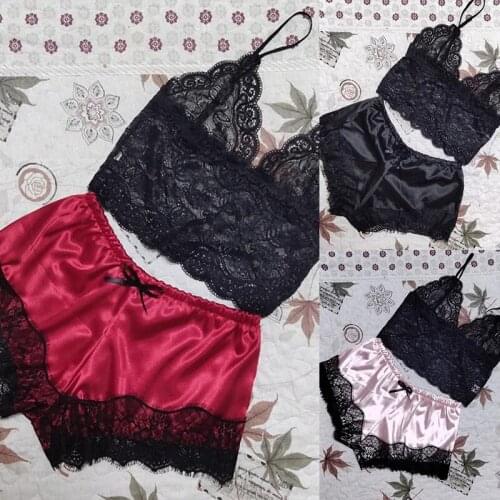 2Pcs/Set Women Summer Sexy Satin Lingerie Underwear Nightwear Sleepwear Silk Strap Solid Color Lace Set (1 x Top and 1 x Shorts)